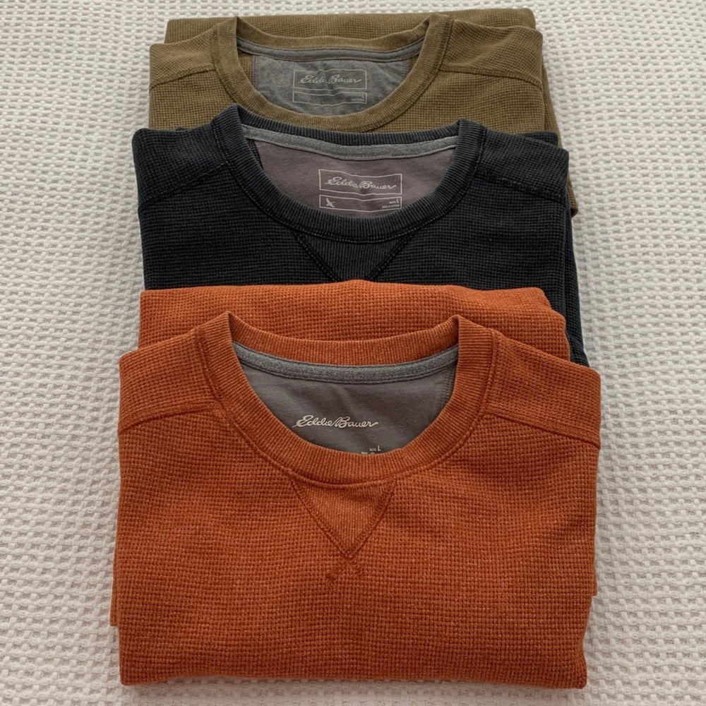 3 Eddie Bauer Crewneck Waffle Weave Shirts - Large